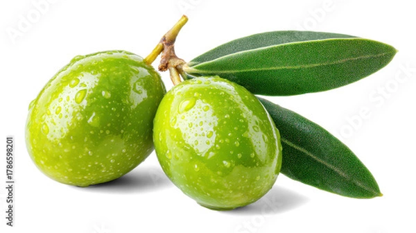 Obraz Two green olives with leaves on white background
