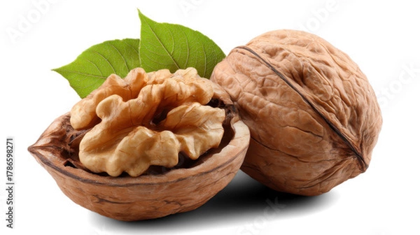 Obraz walnuts with leaves on white background