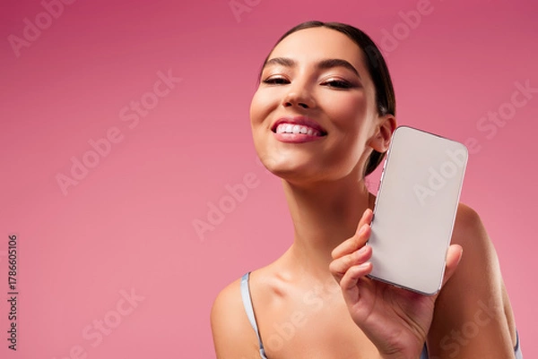 Fototapeta Gorgeous young woman holding smartphone in studio against pink background showcasing style and modern technology
