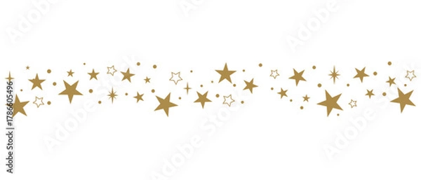 Fototapeta Golden star border with shiny sparkles and dots, elegant decorative divider of metallic stars for festive design, celebration, luxury background or invitation template