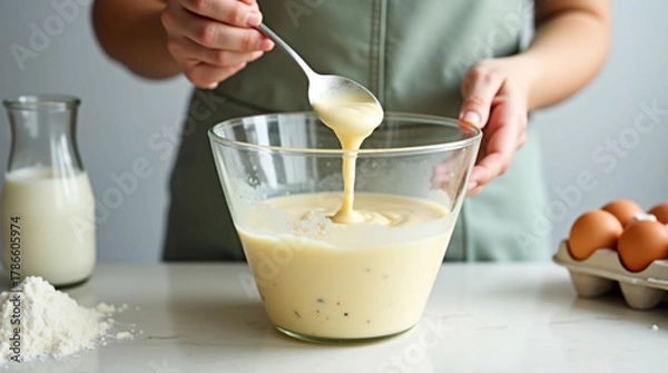 Fototapeta Close-up of Woman Mixing Thick Pancake or Waffle Batter in Glass Bowl with Spoon | Home Cooking, Baking, and Preparation