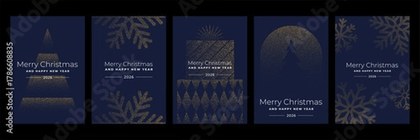 Fototapeta Set of five dark blue and gold sparkling Christmas and New Year greeting card designs for winter holiday celebration and festive season