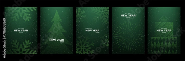 Fototapeta Collection of joyful Happy New Year 2026 vertical greeting cards with festive green particle designs on a dark background for holiday celebration.