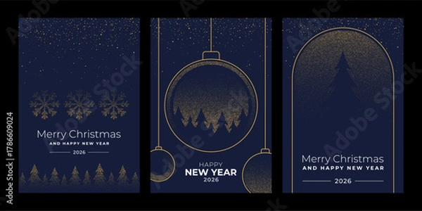 Fototapeta Dotted christmas and New Year vector card collection with snowflake, bauble and pine tree design for holiday greeting.