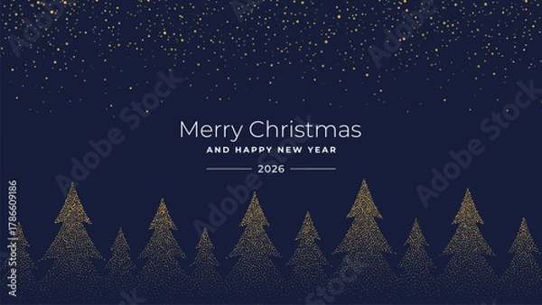 Fototapeta Merry Christmas and Happy New Year 2026 vector greeting card or banner with golden festive trees and glitter on a dark blue background.