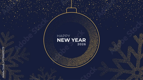 Fototapeta Happy New Year 2026 text inside gold Christmas ball with snowflakes and falling glitter on dark blue background for greeting card.