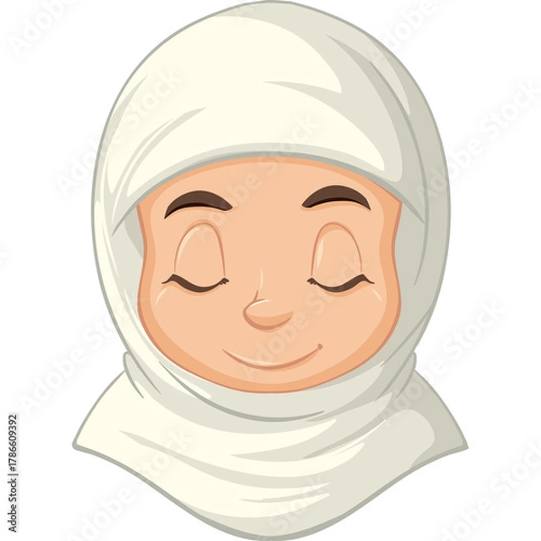 Obraz Cartoon Portrait Of A Young Girl Wearing A White Hijab With Her Eyes Closed Smiling Gently Peaceful Expression Neutral Background