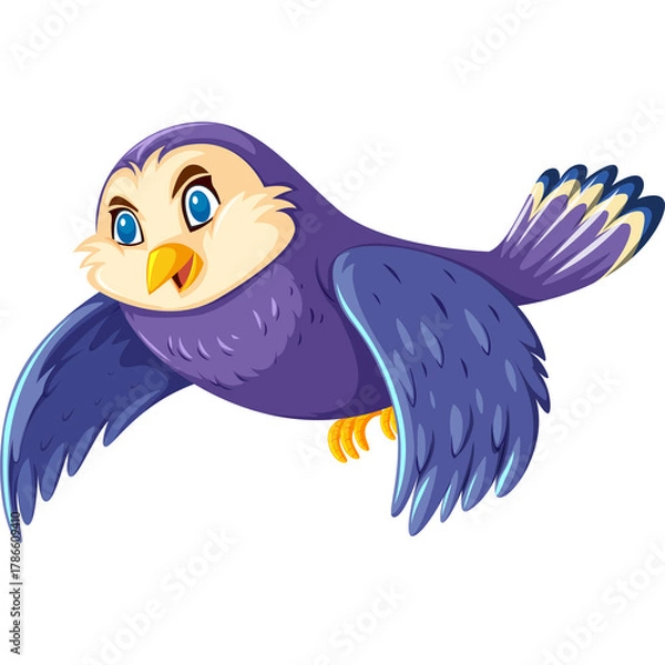 Obraz Cartoon Purple Bird Flying with Yellow Beak Blue Eyes and Fluffy Tail on Transparent Background
