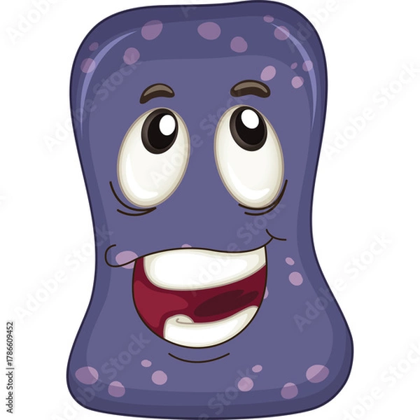 Obraz Cartoon purple character with big smile and wide eyes looking up with polka dots and a transparent background in a playful style