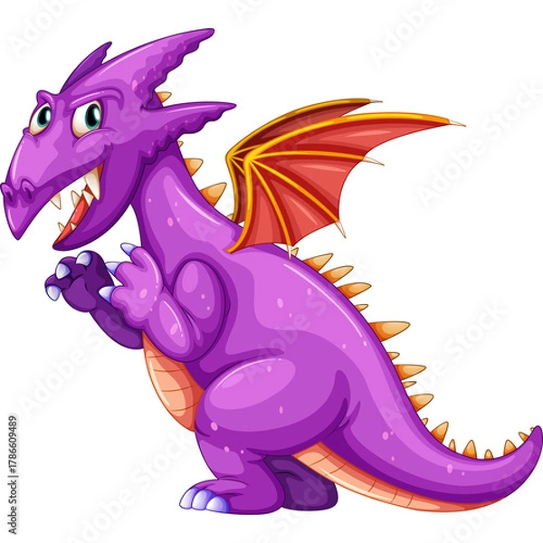 Obraz Cartoon purple dragon with orange wings standing on a transparent background roaring with sharp teeth and claws with big blue eyes and spiky scales detailed illustration