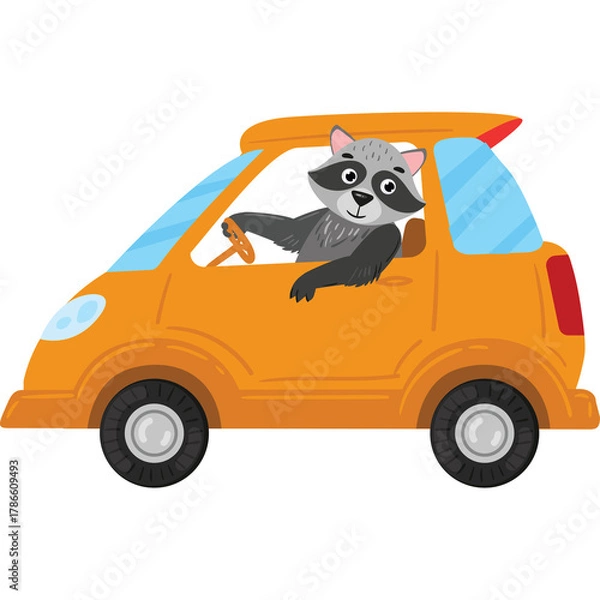 Obraz Cartoon Raccoon Driving an Orange Car with a Transparent Background