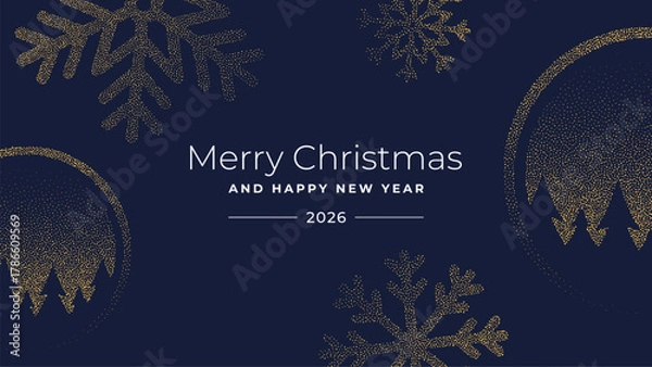 Obraz Merry Christmas and Happy New Year 2026 greeting card with golden snowflake and tree design on a dark background for December celebration.