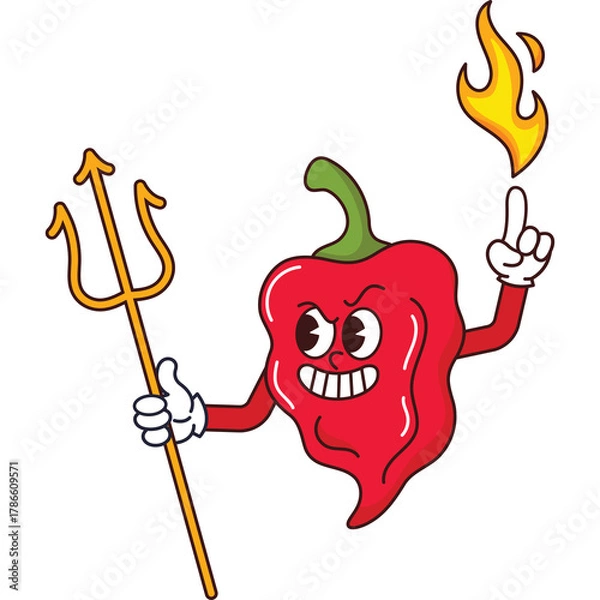 Obraz Cartoon Red Chili Pepper Character Dressed as Devil Holding a Trident and with a Flame on Top of its Head