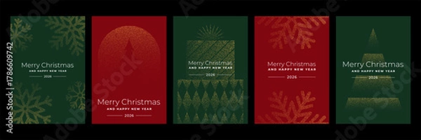 Obraz Collection of christmas and new year greeting card design template with abstract dotted patterns. Modern festive holiday season vector illustration.