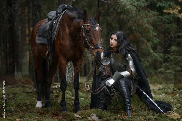 Fototapeta Portrait of beautiful medieval girl warrior in a chain mail hood.
