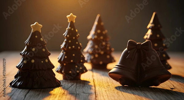 Fototapeta Christmas chocolate sculptures (trees, bells) on rustic table, illuminated by soft golden light