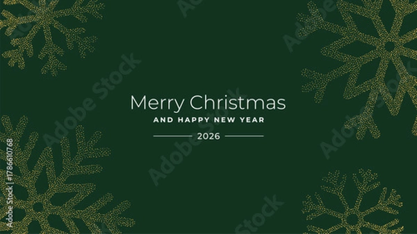 Fototapeta Merry Christmas and Happy New Year 2026 greeting card for holiday celebration with elegant golden snowflake design.