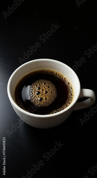 Fototapeta A close-up view of a white coffee cup filled with dark coffee, showcasing the surface with bubbles. The background is a dark surface, enhancing the contrast.