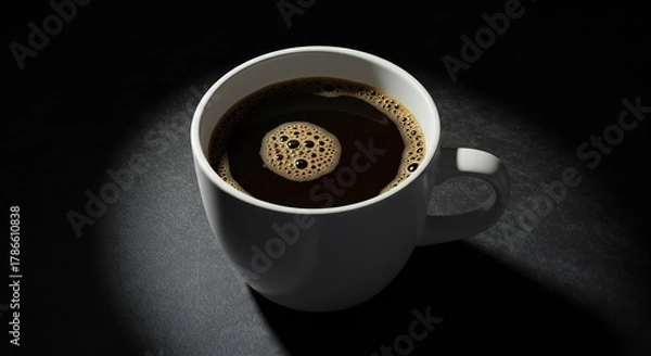 Fototapeta A white coffee cup filled with dark coffee, featuring a frothy surface with bubbles. The scene is set against a dark background, creating a stark contrast.