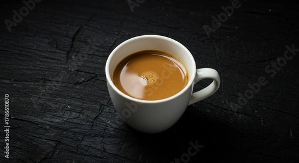 Fototapeta A white ceramic cup filled with coffee sits on a dark, textured surface. The scene captures the rich brown color of the coffee against the stark contrast of the background.