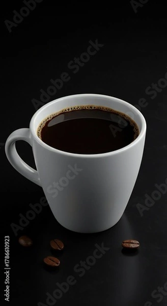Fototapeta A white ceramic coffee cup filled with dark coffee, placed on a black surface. Coffee beans are scattered around the cup.