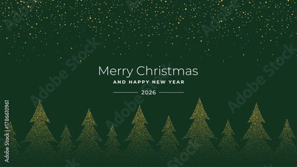 Obraz Merry Christmas and Happy New Year 2026 greeting banner with golden polka dot Christmas trees and falling snow. Holiday card design.