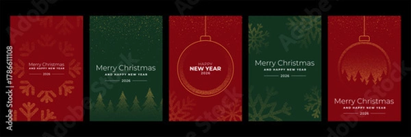 Obraz Collection of Christmas and Happy New Year 2026 greeting card designs. Vector illustration set with festive elements and holiday wishes.