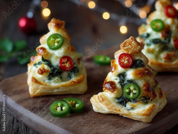 Fototapeta flaky puff pastry spinach and ricotta Christmas trees decorated with sliced red and green chillies arranged like festive baubles