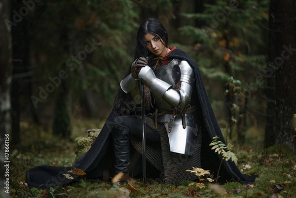 Fototapeta Portrait of beautiful medieval girl warrior in a chain mail hood.