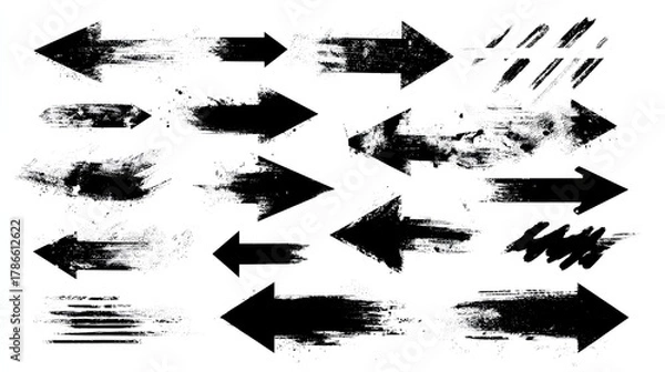 Fototapeta Rough vector arrow shapes, white background. Bold black brushstroke lines, paint texture, stencil graffiti form lightning bolts, abstract direction marks. Ink strokes, thick hand drawn arrows