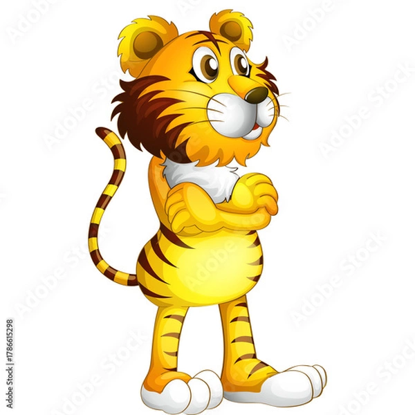 Obraz Cartoon Tiger Standing Arms Crossed In Front Of White Background Yellow Fur Black Stripes White Chest Fluffy Mane Cute Expressive Eyes And Tail Full Body Illustration