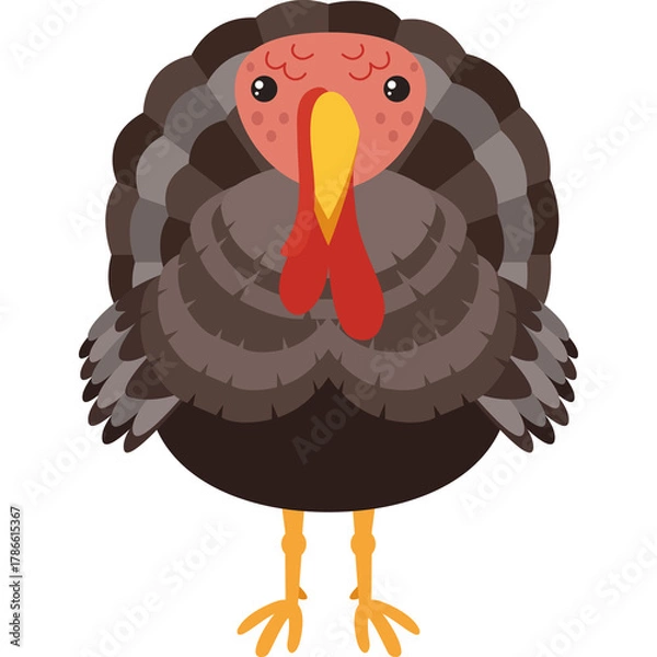 Obraz Cartoon Turkey Illustration With Brown Feathers Red Wattle And Yellow Beak Standing On Two Orange Legs Transparent Background