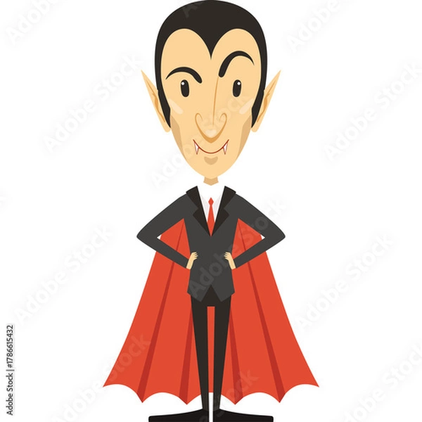 Obraz Cartoon Vampire Character In A Black Suit Red Cape And Red Tie With Fangs And Pointed Ears Standing With Hands On Hips In A Humorous Pose
