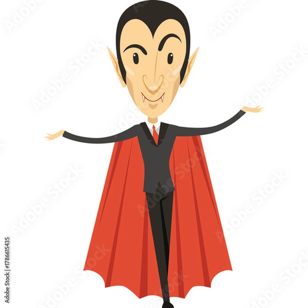 Obraz Cartoon Vampire Character in Black Suit Red Cape Standing Arms Outstretched and Smiling White Background