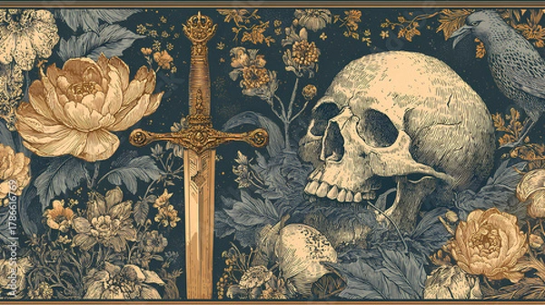 Fototapeta Tarot card frame set, vector hand drawn doodle fantasy border, spiritual mystic game illustration. Medieval divination ornamental graphic astrology witchcraft background. Tarot frame with sword, skull