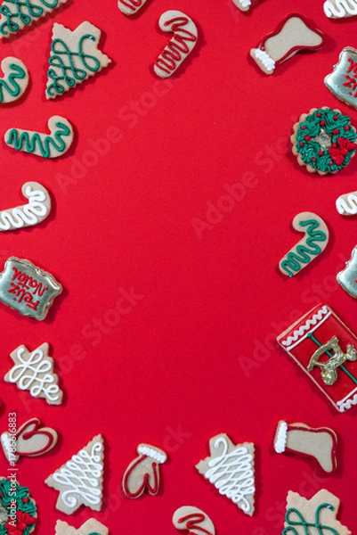 Obraz Christmas Cookies Border on Red Background