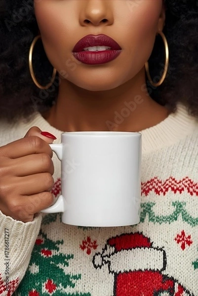 Obraz Holiday Beauty with Dark Red Lipstick and Blank Mug Mockup