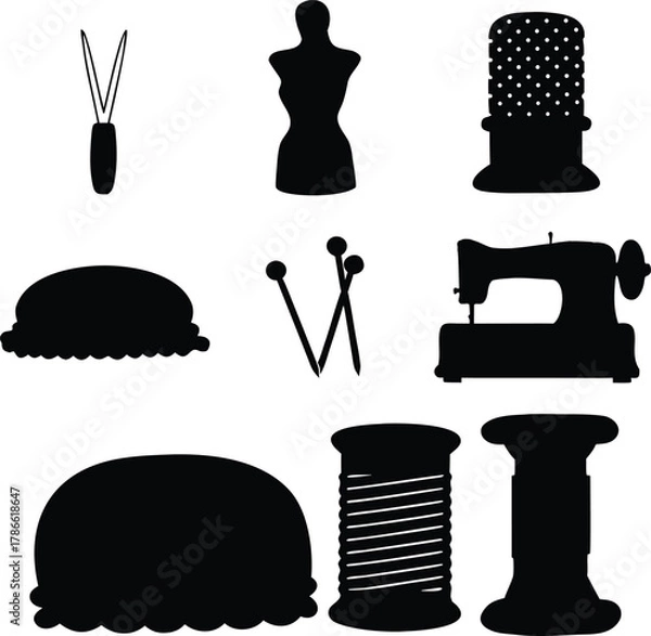 Obraz Sewing and crafting tools silhouette isolated on white background