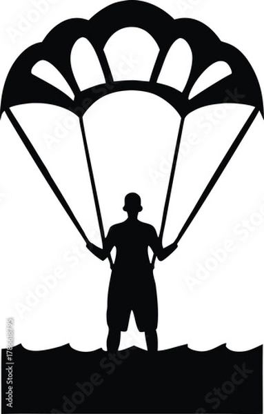 Fototapeta Parachutist silhouette descending with parachute isolated on white background