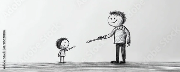 Fototapeta Stickfigure teachers in a mentoring pose helping a tiny stickfigure, clean pencil sketch lines, minimalist composition, subtle shading, educational leadership vibe