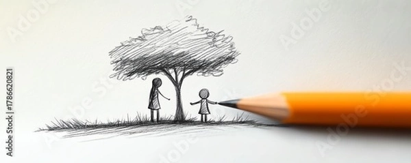 Fototapeta Stickfigure teachers in a mentoring pose helping a tiny stickfigure, clean pencil sketch lines, minimalist composition, subtle shading, educational leadership vibe