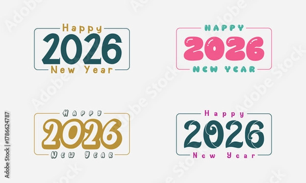 Fototapeta 2026 Happy New Year Vector Pack: Diverse, colorful, modern typography bundle.