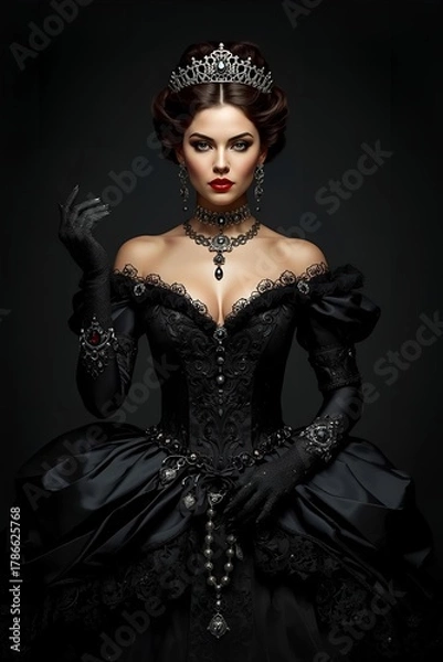 Obraz Elegant Queen in Black Victorian Ball Gown and Diamond Tiara