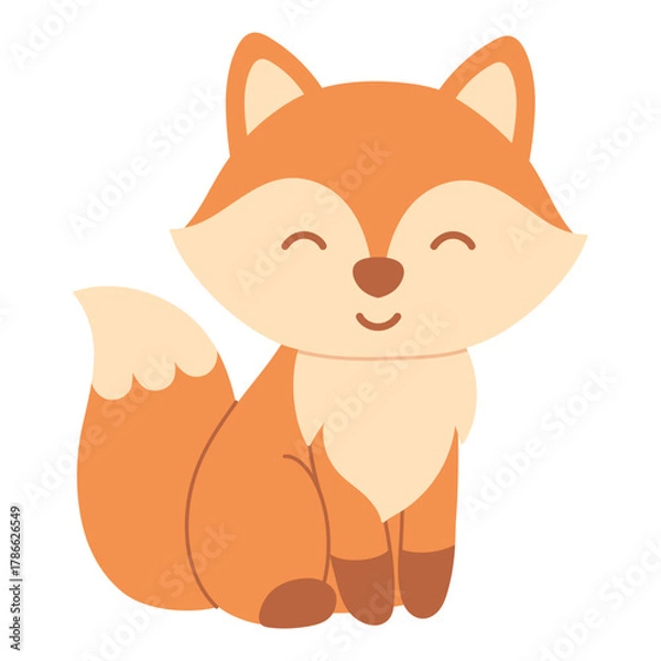 Fototapeta Cute cartoon fox sitting happily. Cozy autumn animal simple illustration symbolizing warmth, nature and woodland charm in fall season design. Flat vector. Hand drawn. Isolated background.