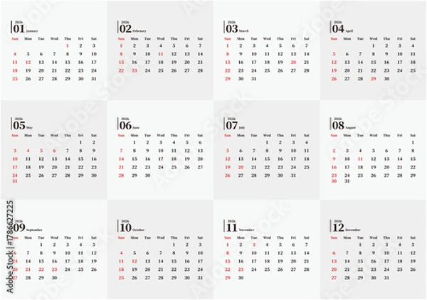 Obraz 2026年のシンプルな月間カレンダー 12ヶ月セット