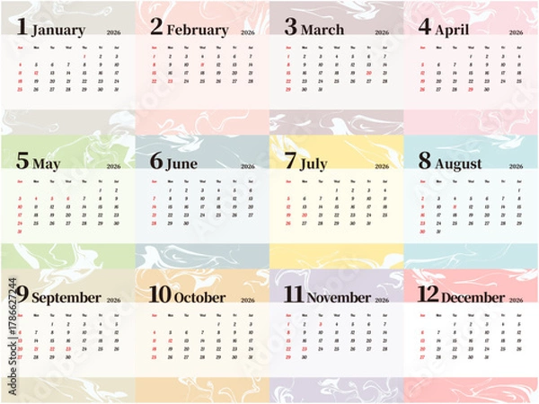 Fototapeta 2026年のカラフルなマーブル模様の月間カレンダー 12ヶ月セット