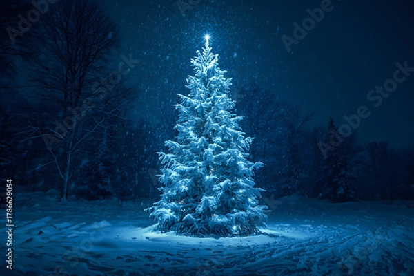 Obraz Magical snow covered Christmas Tree stands out bri.
