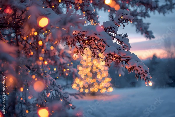 Obraz Christmas light. Christmas lights in snow covered tree