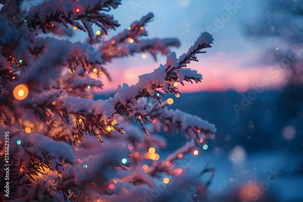 Obraz Christmas light. Christmas lights in snow covered tree