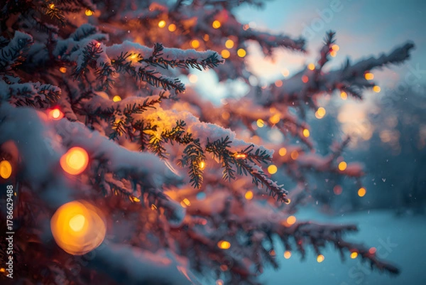 Obraz Christmas light. Christmas lights in snow covered tree